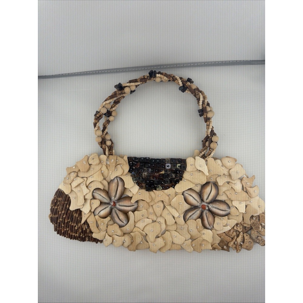 Artisan Handcrafted Cowrie Shell Bone Mosaic Handbag Boho Coastal Cream Brown